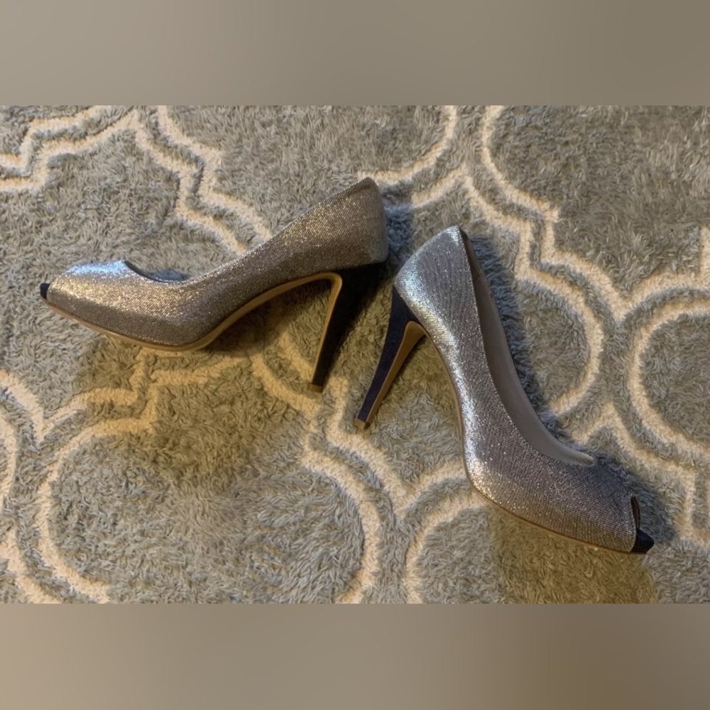 Bruno Magli Blue Peep Toe Metallic Silver Sexy High Heels Couture new